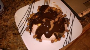 Strawberry protein cake with chocolate Arctic Zero, Walden's Frams chocolate, and Reese's puffs.