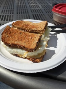 Dave's Killer bread, egg whites, smoked chicken breast and a slice of 2% American cheese.